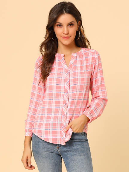 Allegra K- Plaid V Neck Long Sleeve Blouse Shirt