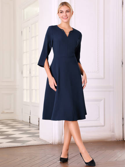 Hobemty - V-Neck 3/4 Sleeve A-Line Midi Dress