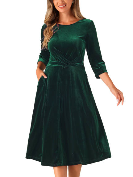 Allegra K - Velvet Crew Neck A Line Midi Dress