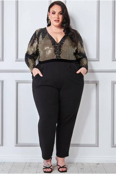 Goddiva - Sequin & Mesh Jumpsuit- plus size