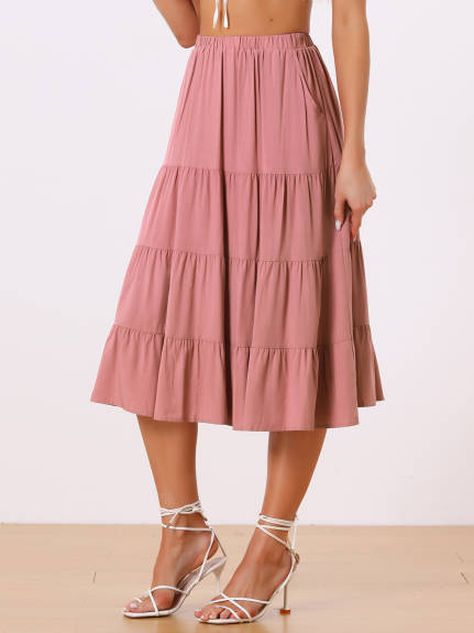 Allegra K- Elastic Waist Tiered A-Line Midi Skirt