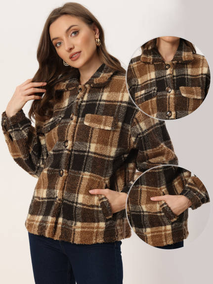 Allegra K - Faux Fleece Plaid Button Down Jacket