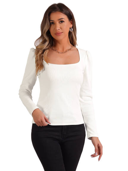 Allegra K - Square Neck Long Sleeve Ribbed Knit Top