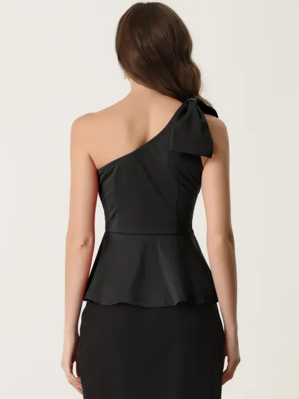 Allegra K- One Shoulder Bow Ruffled Peplum Top