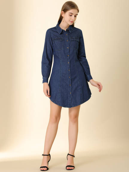 Allegra K- Long Sleeve Curved Hem Denim Shirt dress