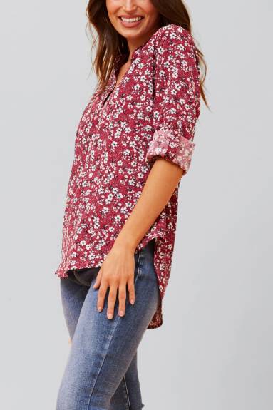 Annick - Elie Top Floral Ditsy Print V Neck Blouse Red