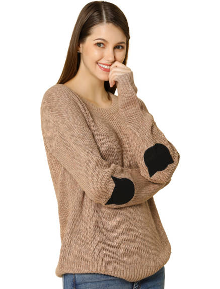 Allegra K- Drop Shoulder Elbow Cat Patch Loose Pullover Sweater