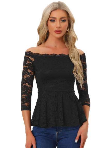 Allegra K- Floral Lace Off the Shoulder 3/4 Sleeve Peplum Top