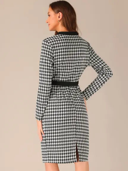 Allegra K - V Neck Houndstooth Knit Belted Pencil Dress