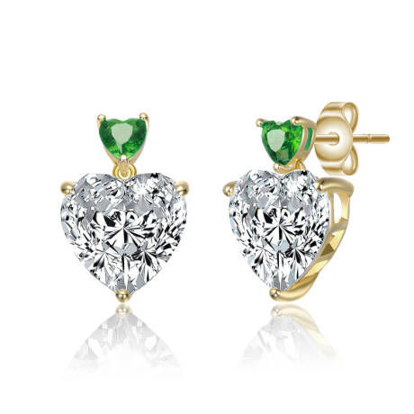 Genevive Sterling Silver 14k Gold Plated with Colored Cubic Zirconia Two-Stone Heart Dangle Earrings