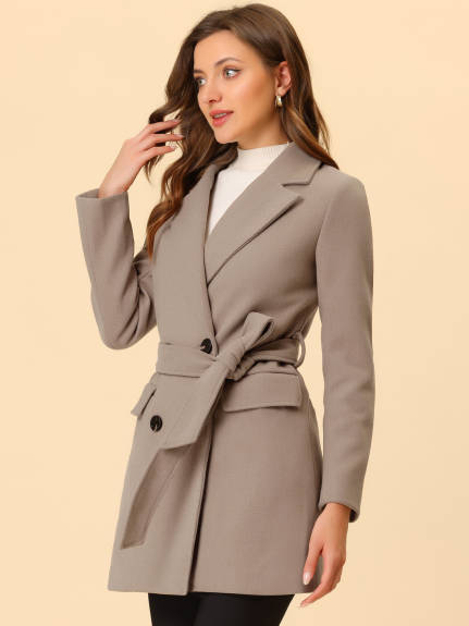 Allegra K- Double Breasted Belted Pocket Trench Coat