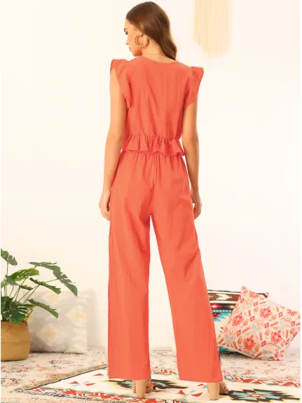 Allegra K- 2 Piece Deep V Neck Ruffle Crop Top Split Wide Leg Pant Set