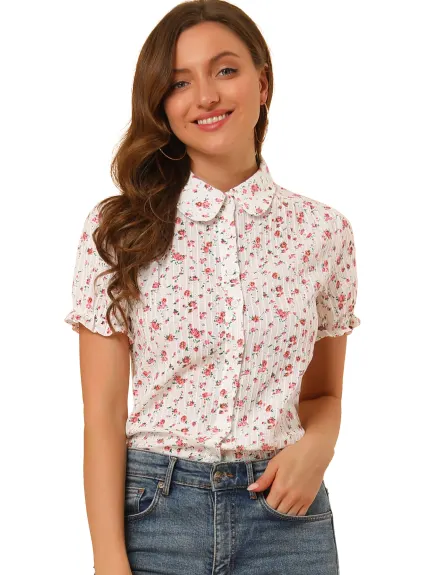 Allegra K - Frilled Short Sleeve Floral Cotton Shirt