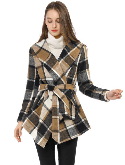 Allegra K- Turn Down Collar Asymmetric Hem Plaids Coat