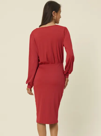 Allegra K- Ruched Side Slit Lantern Sleeve Ribbed Knit Bodycon Midi Dress