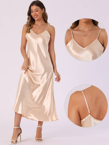 Allegra K - Satin V Neck Spaghetti Strap Maxi Dress