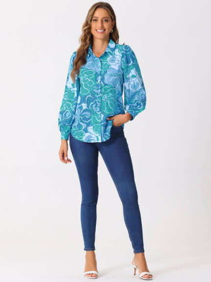 Allegra K - Floral Print Long Puff Sleeve Shirt