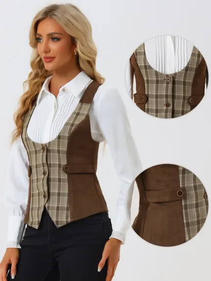 Allegra K- Plaid Button Down Panel Vests