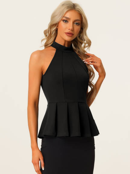 Allegra K - Sleeveless Pleated Halter Neck Peplum Top