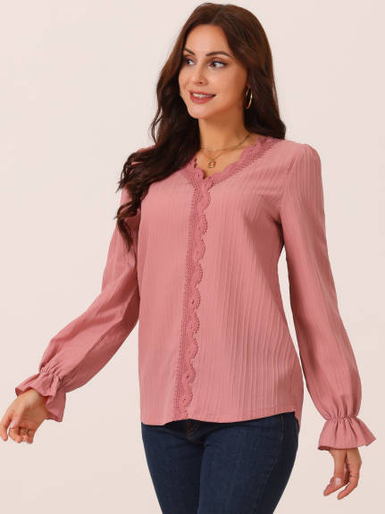 Allegra K - Lace V Neck Lantern Sleeve Casual Top