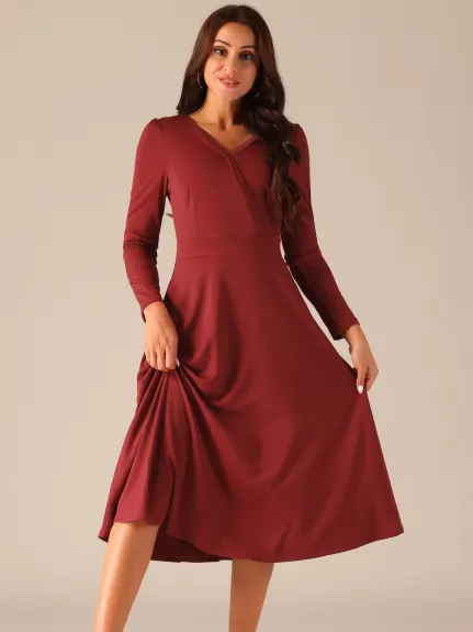 Allegra K - Faux Wrap V Neck Midi Swing Dress