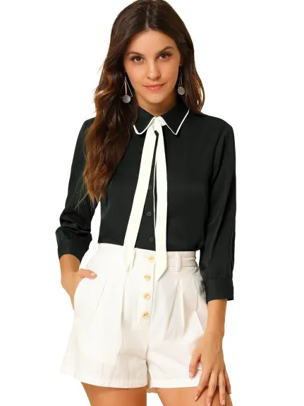 Allegra K- 3/4 Sleeve Contrast Color Tie Neck Shirt