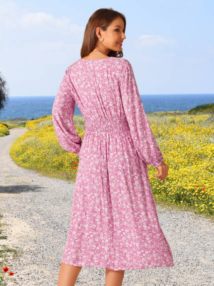 INSPIRE CHIC - Floral V-Neck Long Sleeve Midi Dress