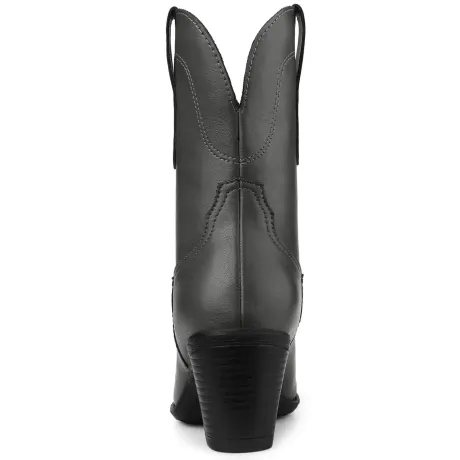 Allegra K - Mid Calf Round Toe Slip-on Cowboy Boots