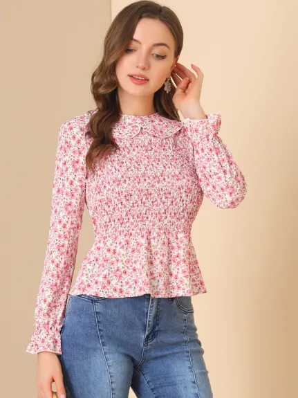 Allegra K - Peter Pan Collar Chiffon Floral Smocked Top