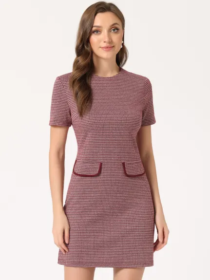 Allegra K- Short Sleeve Vintage Houndstooth Pencil Sheath Dress