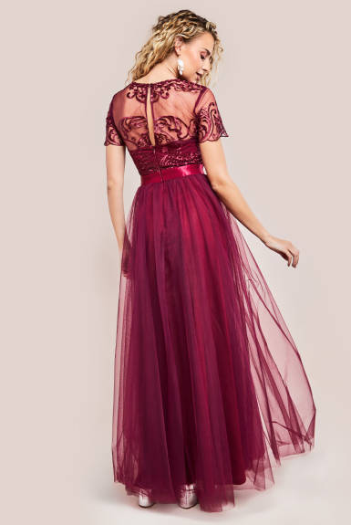 Goddiva - Embroidered Mesh Maxi Dress