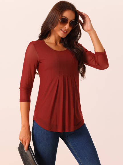 Allegra K - Crewneck 3/4 Sleeve Pleated Tunic Tops