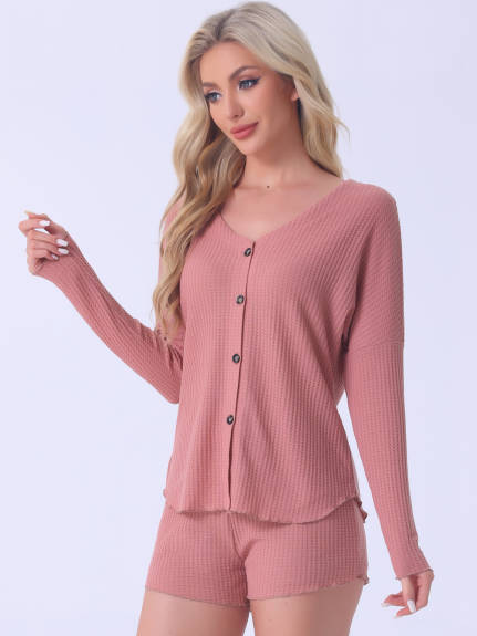 Cheibear - Waffle Knit Long Sleeve Pajama Set