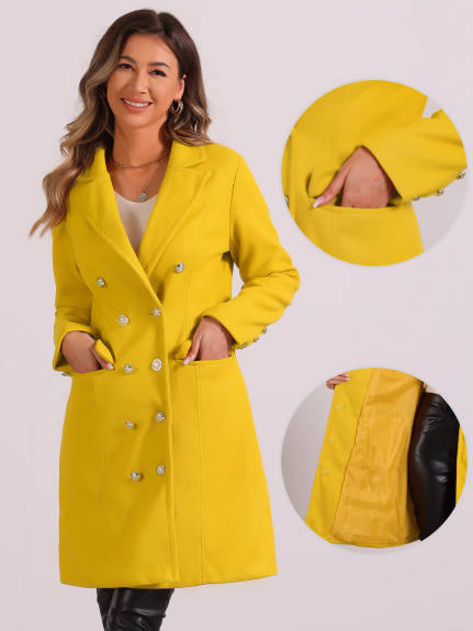 Allegra K - Notched Lapel Double Breasted Long Pea Coat