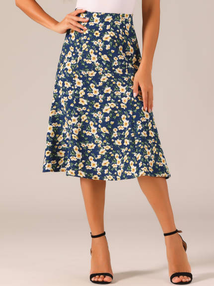 Allegra K- Elastic Waist A-Line Midi Leave Print Skirt