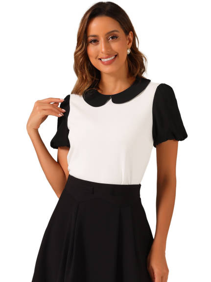 Allegra K- Peter Pan Collar Contrast Puff Top