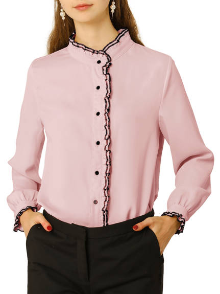 Allegra K- Ruffled Stand Collar Chiffon Shirt Blouse