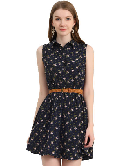 Allegra K- Printed Half Placket Sleeveless Belted Dress