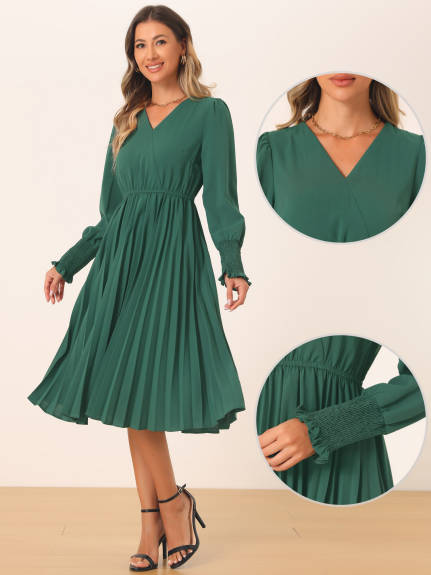 Allegra K - V-Neck Long Sleeve Pleated Midi Dress