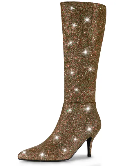 Allegra K - Glitter Stiletto Heel Knee High Boots