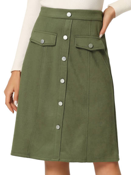 Allegra K- Suede Button Pockets Decor A-Line Skirt