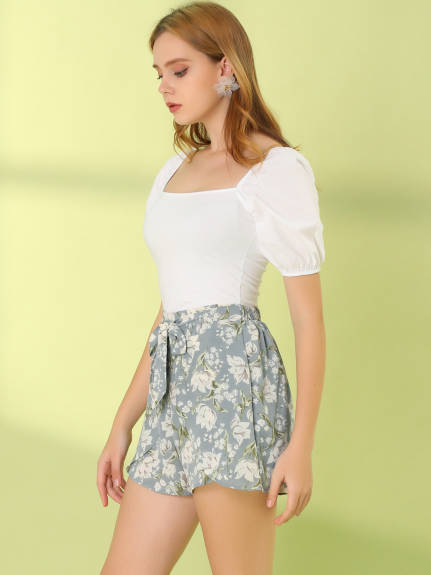 Allegra K- Summer Elastic Waist Beach Floral Shorts