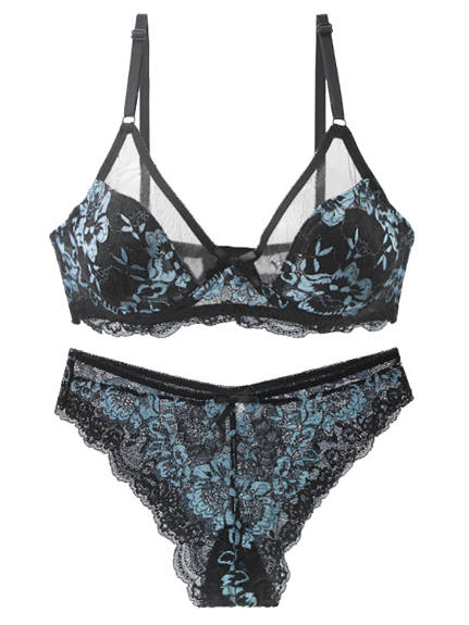 Allegra K- Women's Floral Lace 2-Hook Bra and Panty Set