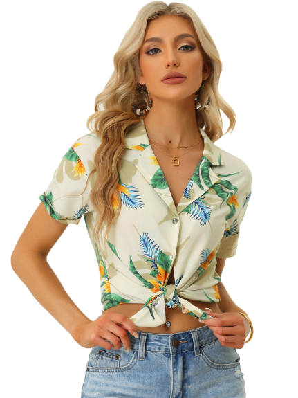 Allegra K- Beach Tropical Floral Leaves Button Down Shirt