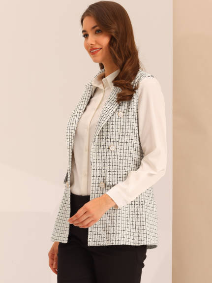 Allegra K- Plaid Tweed Lapel Open Front Blazer Vest