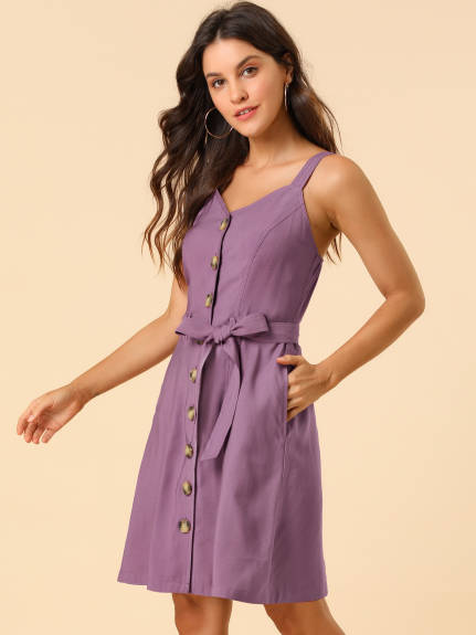 Allegra K- Belted Spaghetti Strap Button Dress