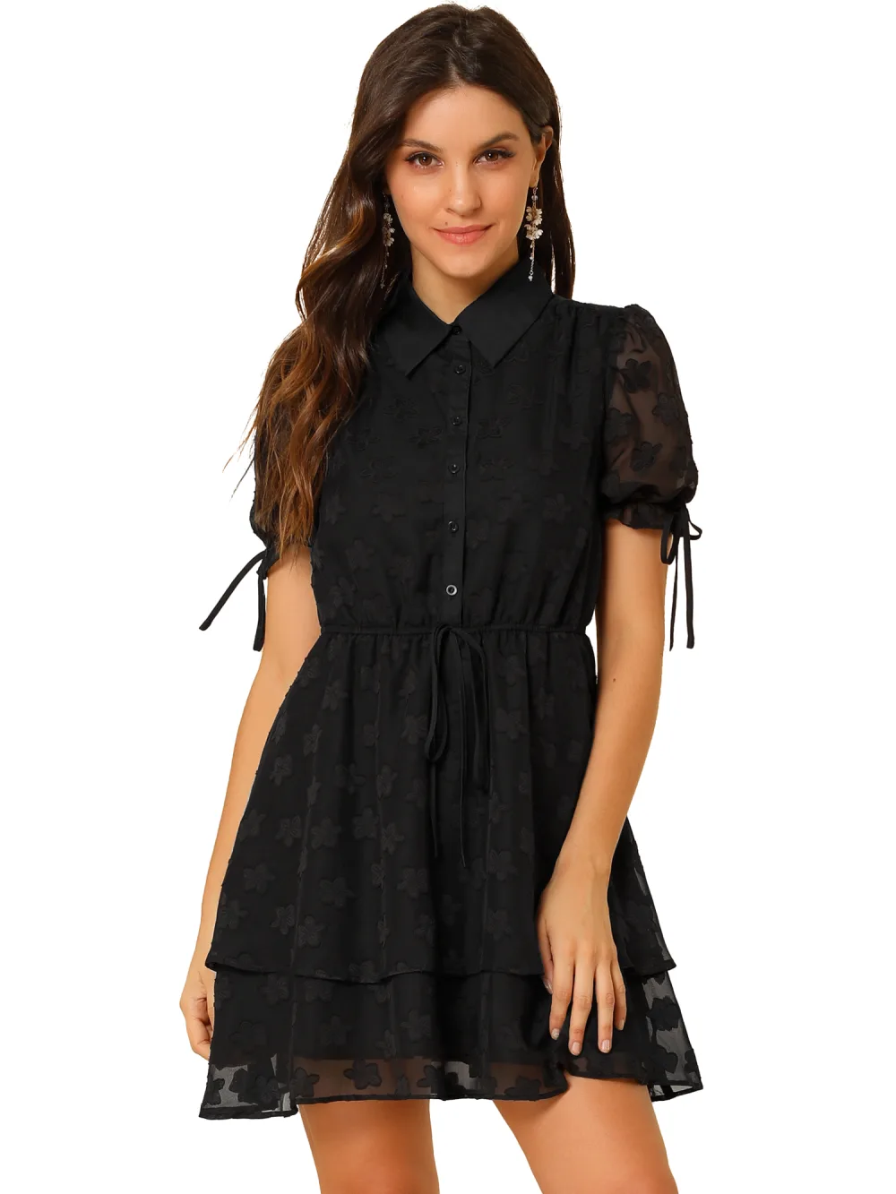 Allegra K- Peter Pan Collar Floral Drawstring Chiffon Layered Dress