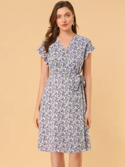 Allegra K- Floral Ruffle Sleeve Belted Midi Dress