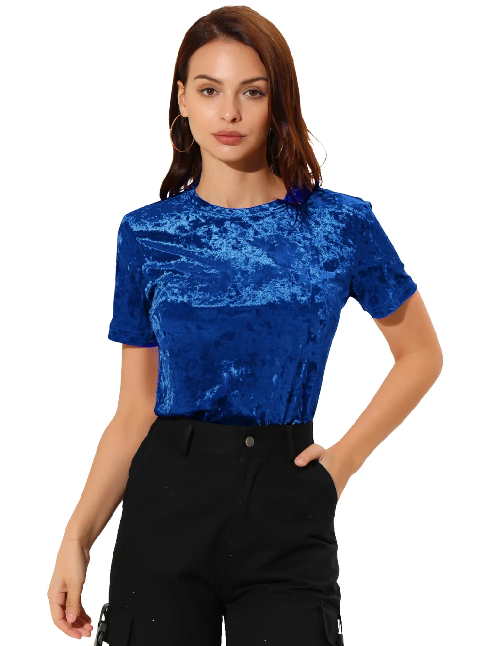 Allegra K- Velvet Top Crew Neck Short Sleeve T-Shirt