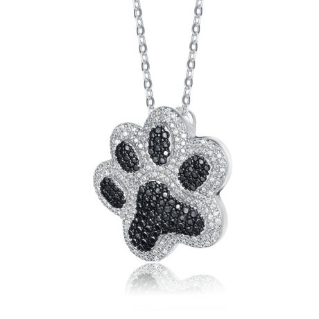 Genevive Sterling Silver Two-Tone with Black & White Cubic Zirconia Cat Dog Pet Paw Pendant Necklace